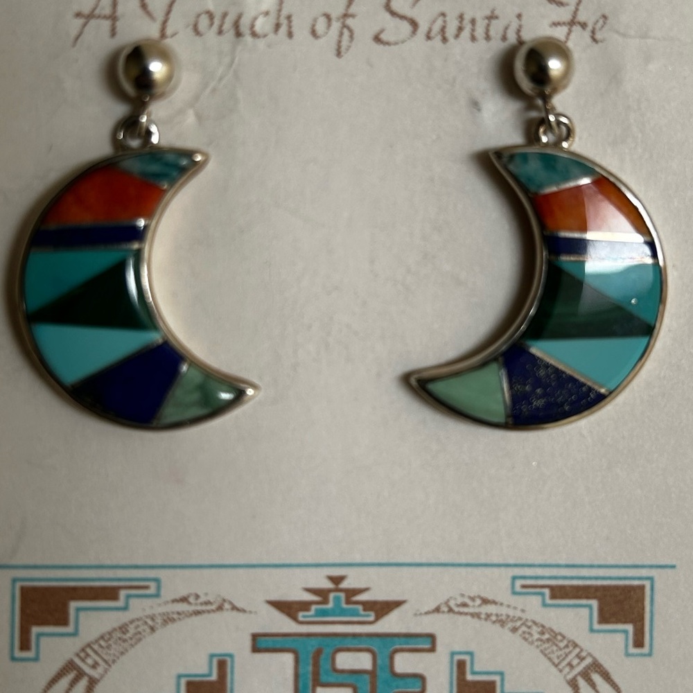 Multicolor Stone Silver Crescent Moon Earrings